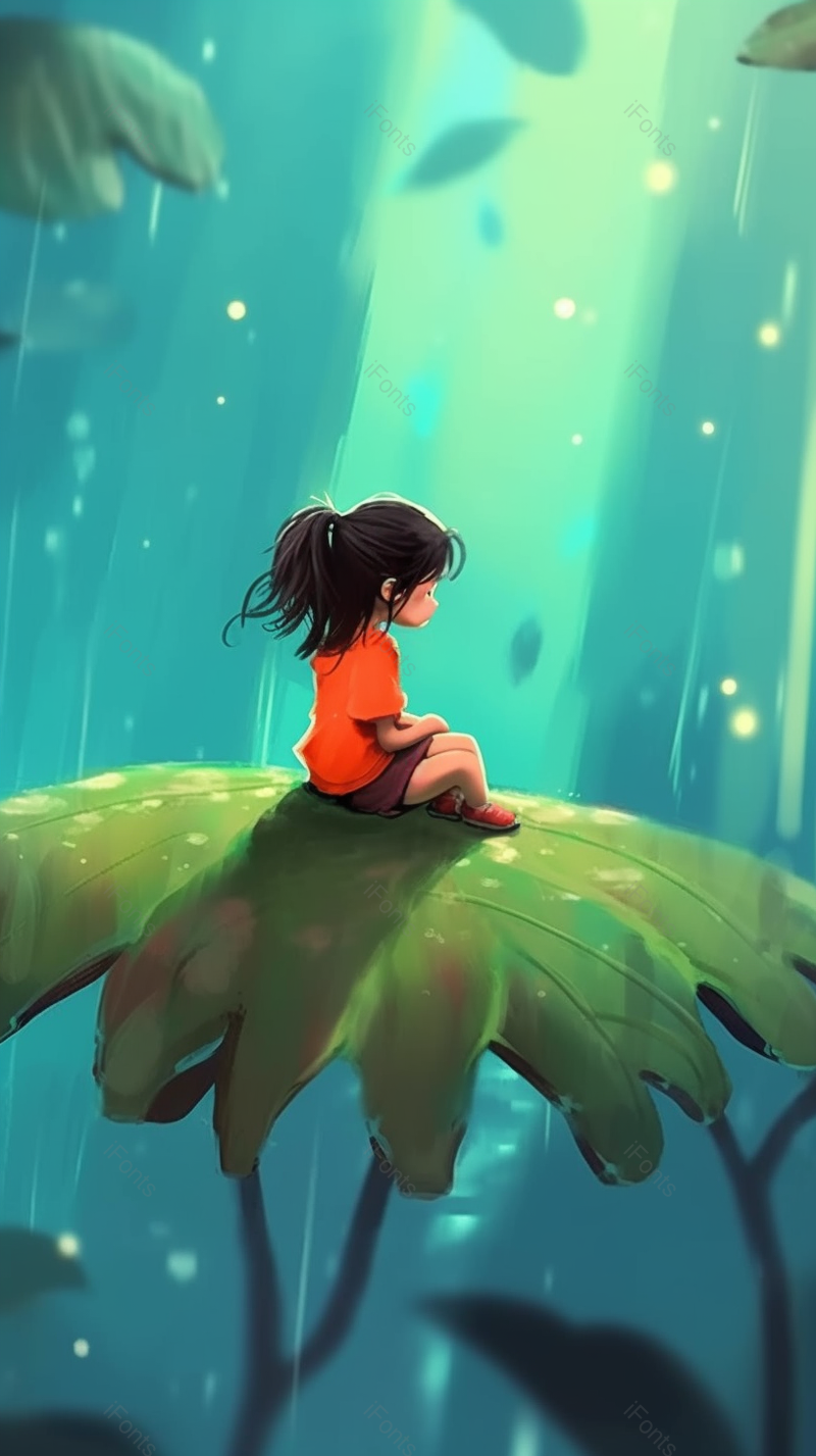 红衣小女孩坐在树叶上观望着风景创意儿童插画设计背景,插画/手绘图,插画/手绘图库,插画/手绘图下载,插画/手绘